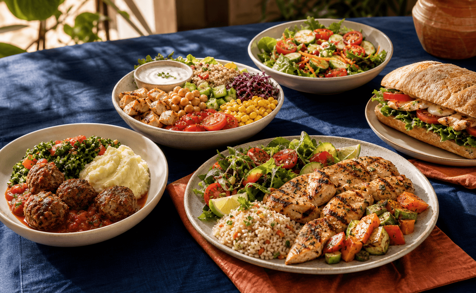 Ev yemeği, fit bowl, salata, ızgara tavuk ve ciabatta sandviçten oluşan Gourmet Meal Box sofrası
